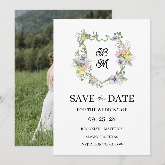 Formal Floral Monogram Crest Wedding (Frente/Verso)