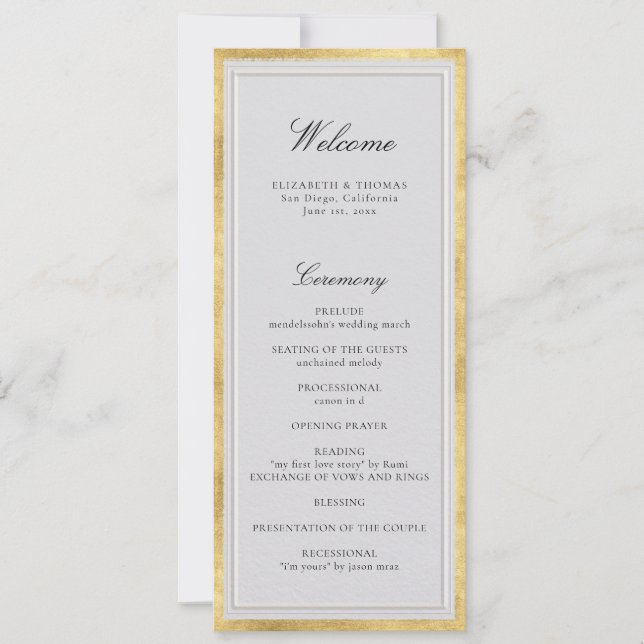 Formal Modern Classic Gold Ivory Wedding Program (Frente)