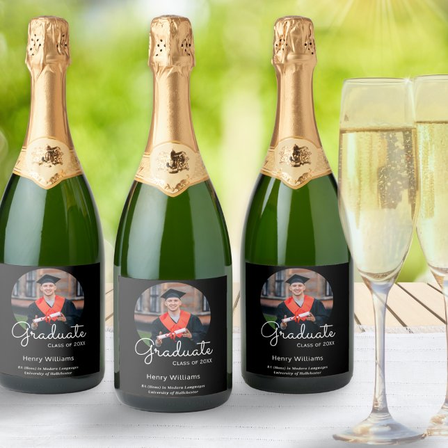 Formando Nome da foto Na moda preto Festa de forma (Personalized sparkling wine labels for your graduation celebrations, with custom photo and text)