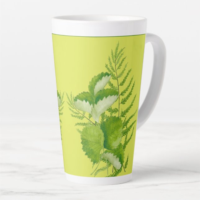 Formulários em verde numa caneca latina grande (Ângulo direito)
