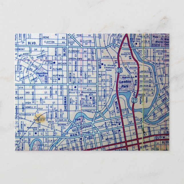 FORT WAYNE, IN Mapa Antigo Cartão Postal (Frente)