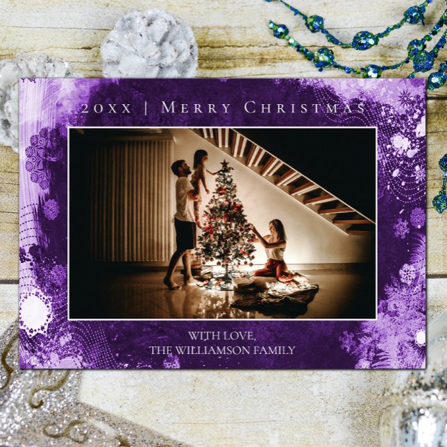 Fosco roxo Flocos de neve Cartões de foto de Natal (Purple Frosted Snowflakes Christmas Photo Card)