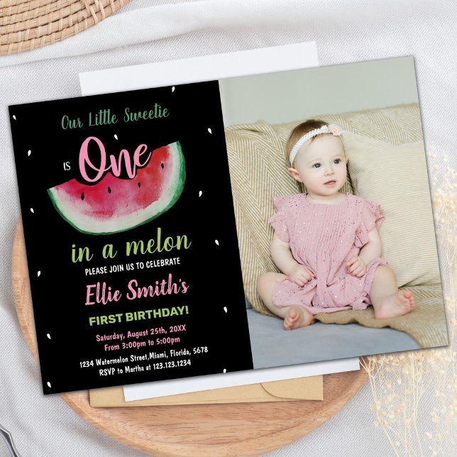 Foto: 1rua Black Watermelon Convite de Aniversário (Photo 1st Black Watermelon Birthday Invitations)