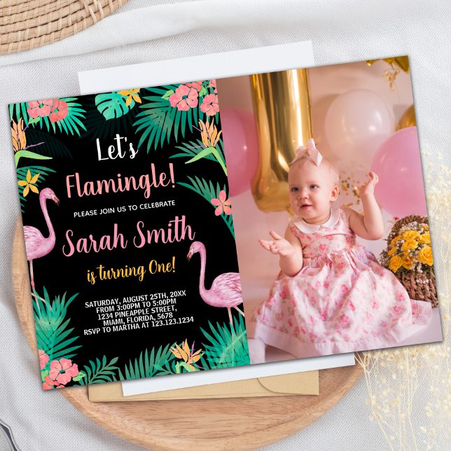 Foto: 1rua Pink Flamingo - Convites de Aniversário (Photo 1st Pink Flamingo Birthday Invitations)