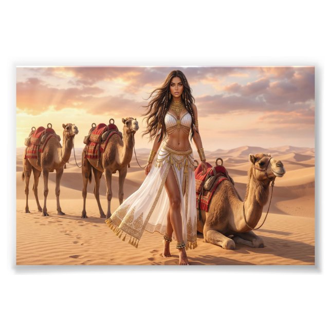 Foto A Graceful Woman with Camels at Sunset (Frente)