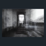 Foto Abandoned Staircase Ghostly Doorway Blur<br><div class="desc">A wide stone staircase rises toward an open arched doorway in an abandoned grand interior, captured in stark black and white. Thick motion blur and ghostly double-exposure layers overlap walls, steps, and cracked plaster, creating an ethereal, dreamlike veil across the scene. Soft daylight pours through the threshold, revealing overgrown foliage...</div>