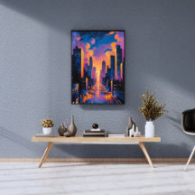 Abstrato Neon City Skyline Sunset Glow Arte Digita