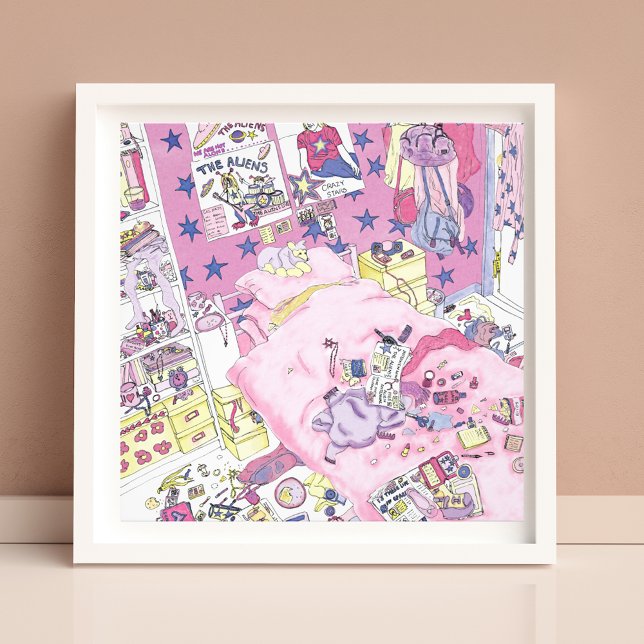 Foto Adolescentes Engraçadas Quarto Desarrumado Arte Ro (Funny teen girls messy pink bedroom watercolor artwork)
