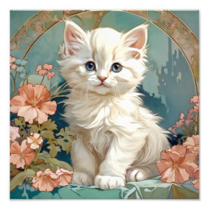 Foto Alphonse Mucha Style White Cat