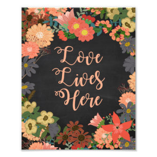 Foto Amor Vive aqui flores de coral em quadro negro