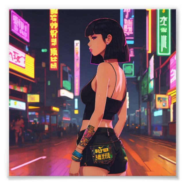 Foto Anime Punk Girl Cruising City Neon Lights (Frente)