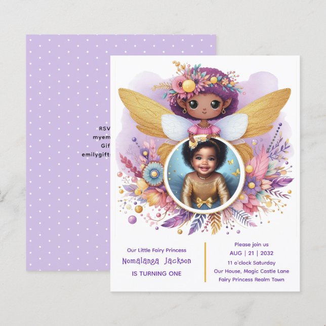 Foto: Aniversário Pequeno Fada Negra Roxo Africano (Frente/Verso)