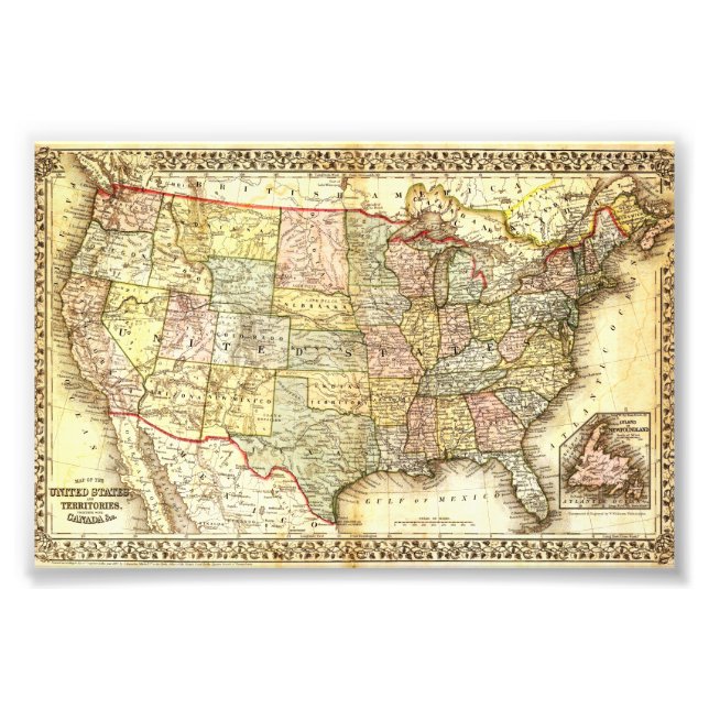Foto Antique United States Vintage Map Illustration (Frente)