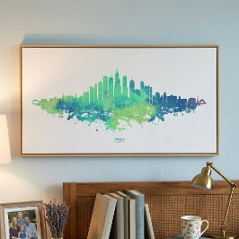 Foto Aquarela da Silhueta de Chicago Azul Verde Arte Ur