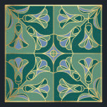 Foto Art Deco Azulejo Floral. Verde, Azul e Dourado<br><div class="desc">O azulejo Art Deco estilizou o padrão floral com bluebells. Azulejos de imitação com contorno de ouro</div>