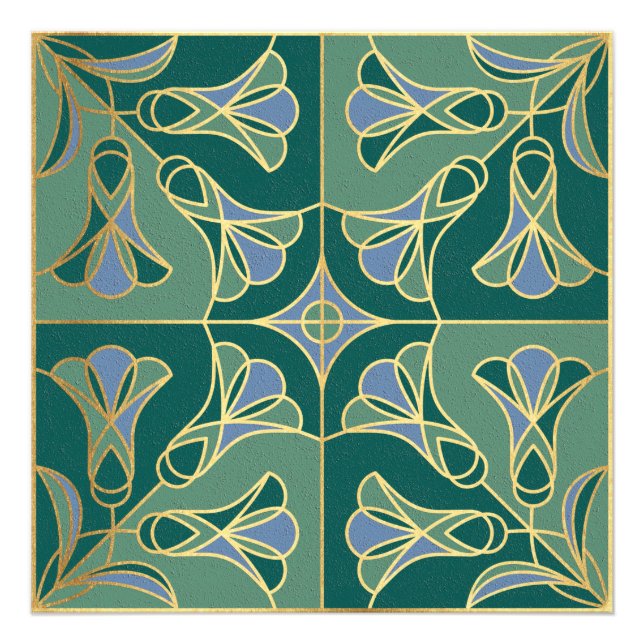 Foto Art Deco Azulejo Floral. Verde, Azul e Dourado (Frente)