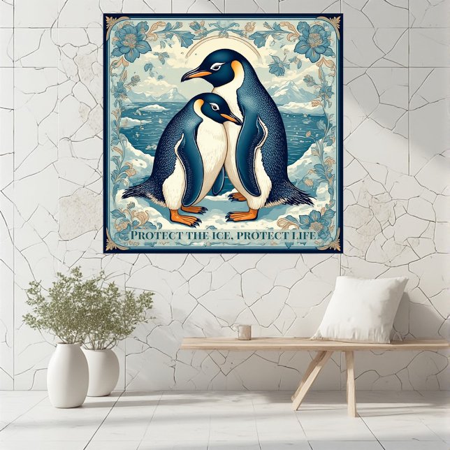 Foto Art Deco Penguin Ice Bird Couple Snow Ocean Floral (Art Deco Penguin Ice Bird Couple Snow Ocean Floral Photo Print)