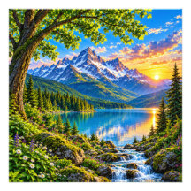 Arte de paisagem de pôr do sol no lago majestoso d
