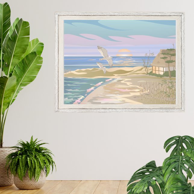 Foto Arte de Praia Costeira do Oceano Marítimo (Pastel Coastal Beach House Art Photo Print)