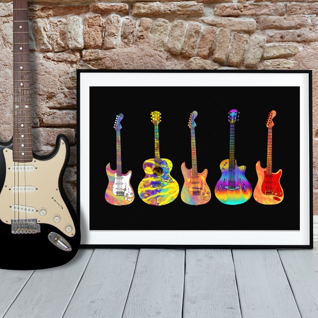 Foto Arte de Violão Funsa Colorida a Preto (Colorful funky guitar illustrations psychedelic on black poster by artist Catherine Sweetman)
