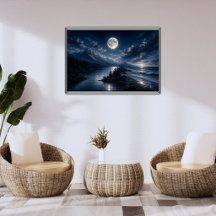 Arte Poster Paredes Lago Montanha Luar - Lua Cheia