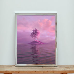 Foto Árvore rosa solitária em uma ilha roxa no oceano