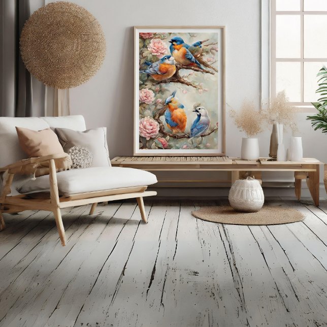 Foto Aves com Flores (Birds with Flowers Photo Print)