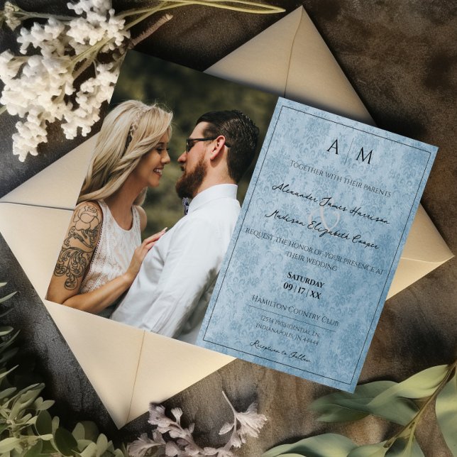 Foto Azul Damasco Monograma Convite De Casamento (Blue Photo Damask Monogram Wedding Invitation)