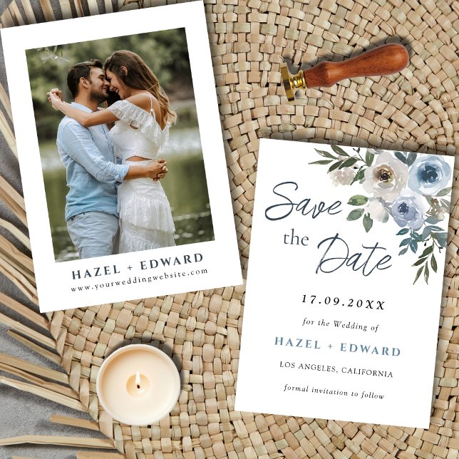 Foto Azul Moderno Casamento Salve O Cartão De Data (Modern Dusty Blue Photo Wedding Save The Date Card)