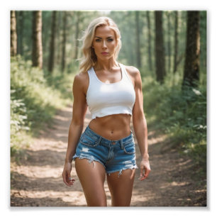 Foto Babe loira em Denim Shore vagando na floresta
