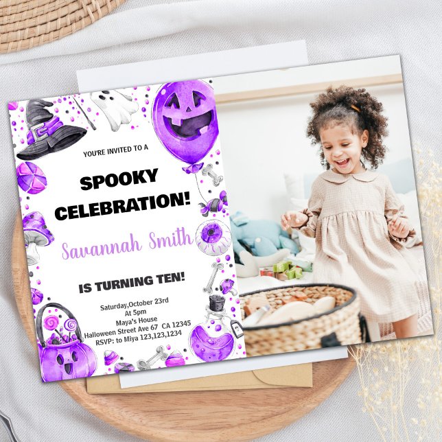 Foto: Ballon Purple Halloween Convite de Aniversár (Photo Purple Ballon Halloween Birthday Invitations)