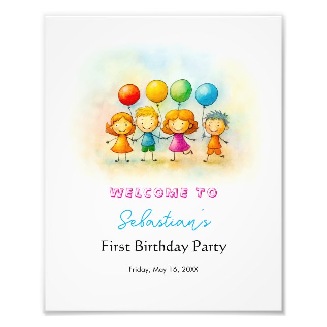 Foto Balloon Buddies Bash Boy 1st Birthday Party Sign (Frente)