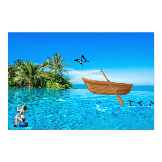 Foto Barco de Pesca (A digital illustration features a vibrant tropical scene with a woman, a boat, and various elements!)