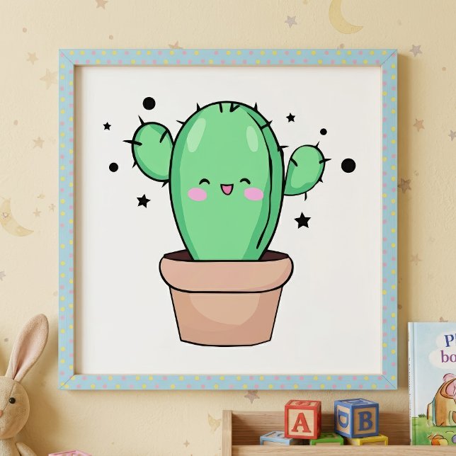 Foto Bebê Cacto Kawaii sorridente em vaso com estrelas (Cute smiling Kawaii Baby Cactus in vase with stars. Photo Print)