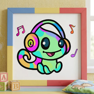 Foto Bebê Camaleão Kawaii Sorridente Com Fones de Ouvid