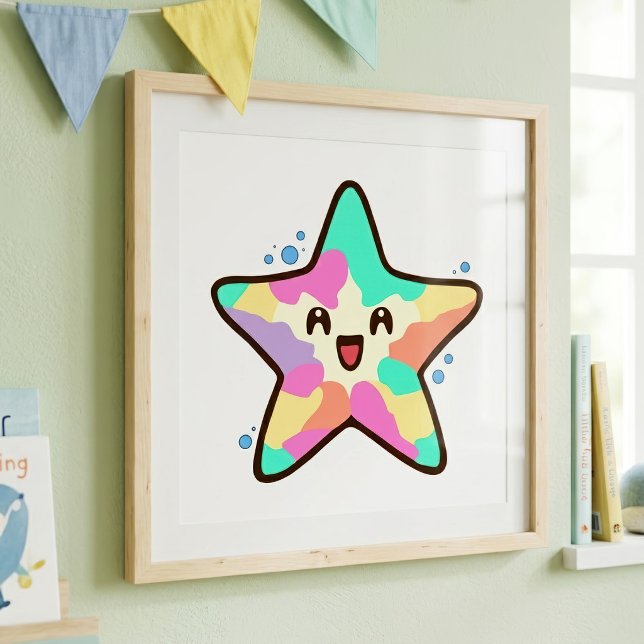 Foto Bebê Estrela-do-Mar Sorridente Kawaii com Bolhas (Cute Smiling Kawaii Baby Starfish with Bubbles. Photo Print )