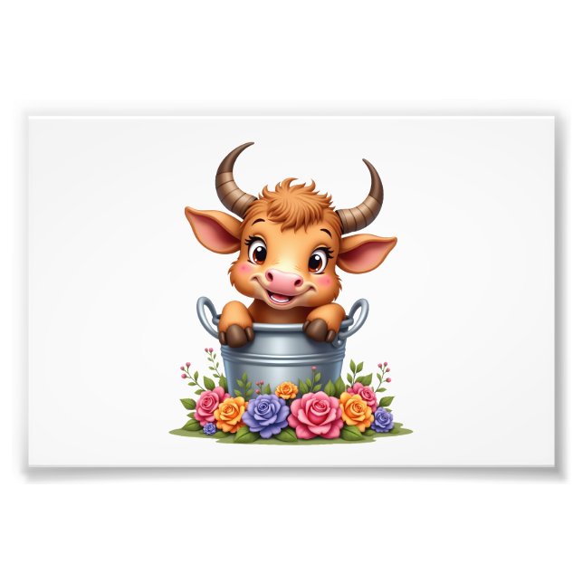 Foto Bebê Fofo Vaca de Highland Com flores Bezerro Anim (Frente)