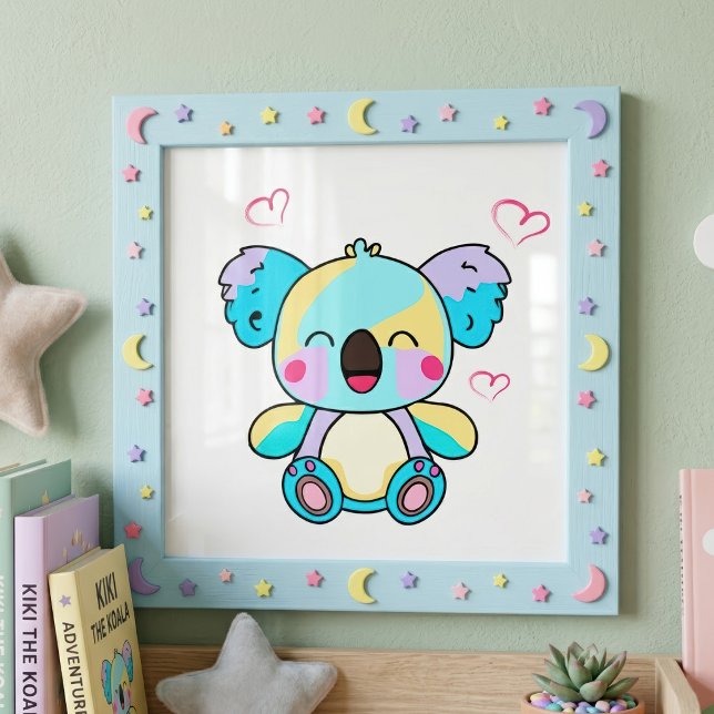 Foto Bebê Koala Kawaii Sorridente com Corações de Amor (Cute smiling Kawaii Baby Koala with Love Hearts. Photo Print )