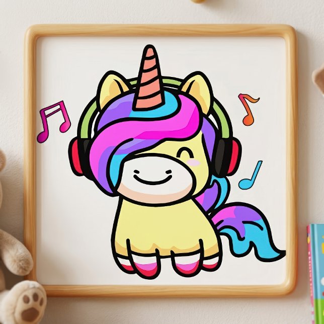 Foto Bebê Unicórnio Kawaii Feliz com Fones de Ouvido (Cute Happy Kawaii Baby Unicorn with Headphones. Photo Print)