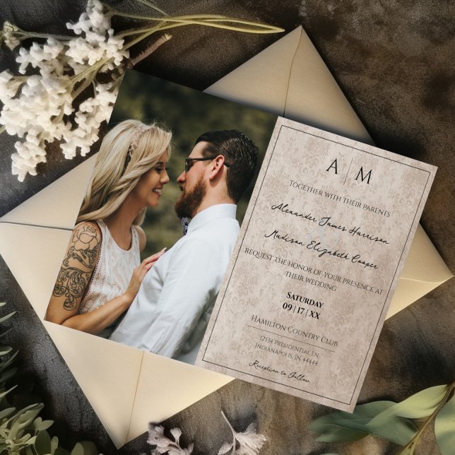 Foto Beige Damask Monograma Convite De Casamento (Beige Photo Damask Monogram Wedding Invitation)