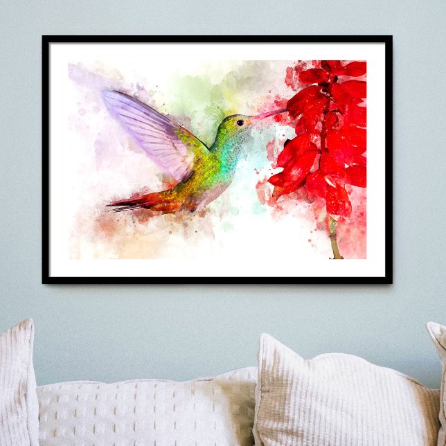 Foto Beija-flor em Aquarela se Alimentando de Flor Verm (Watercolor Hummingbird Feeding on Red Flower. Photo Print)