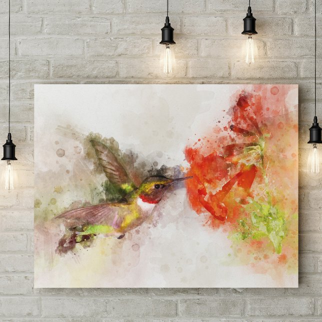 Foto Beija-flor em Aquarela se Alimentando de Flor Vibr (Watercolor Hummingbird Feeding on Vibrant Flower. Photo Print)