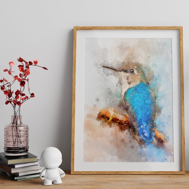 Foto Beija-flor em aquarela vibrante em um galho (Vibrant Watercolor Hummingbird Bird on a branch. Photo Print)