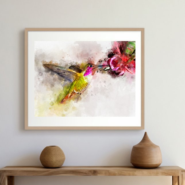 Foto Beija-flor se Alimentando de Flor Rosa Aquarela (Hummingbird Feeding on Pink Flower Watercolor. Photo Print)