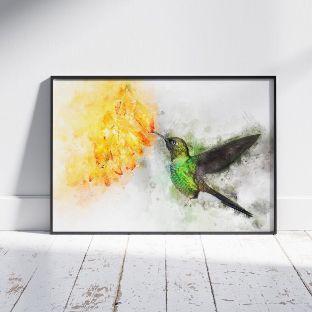 Foto Beija-flor Vibrante e Aquarela Floral Amarela (Vibrant Hummingbird and Yellow Floral Watercolor. Photo Print)
