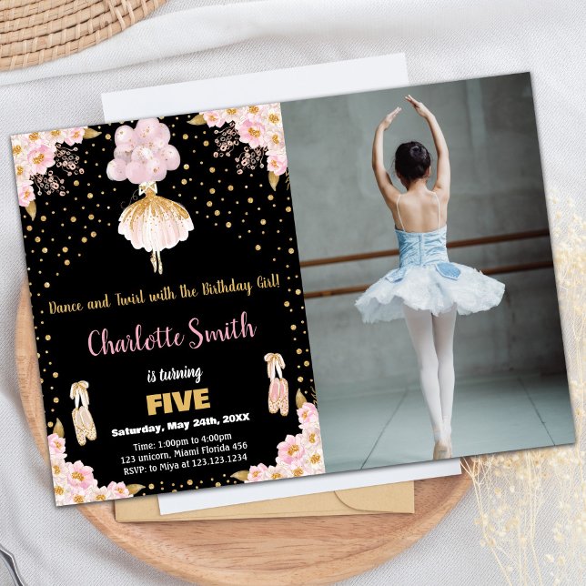 Foto: Black Ballerina, cor-de-rosa, convites de an (Photo Pink Black Ballerina Birthday Invitations)