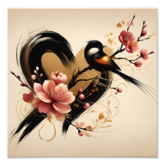 Foto Black Bird and Cherry Blossom Heart