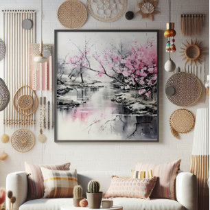 Foto Blooming Sakura sobre pintura de tinta fluvial