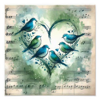 Foto Blue Songbirds Heart Watercolor with Vintage Sheet