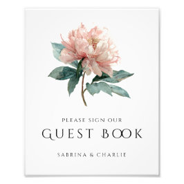 Foto Blush Pink Peony Floral Wedding Guest Book Sign